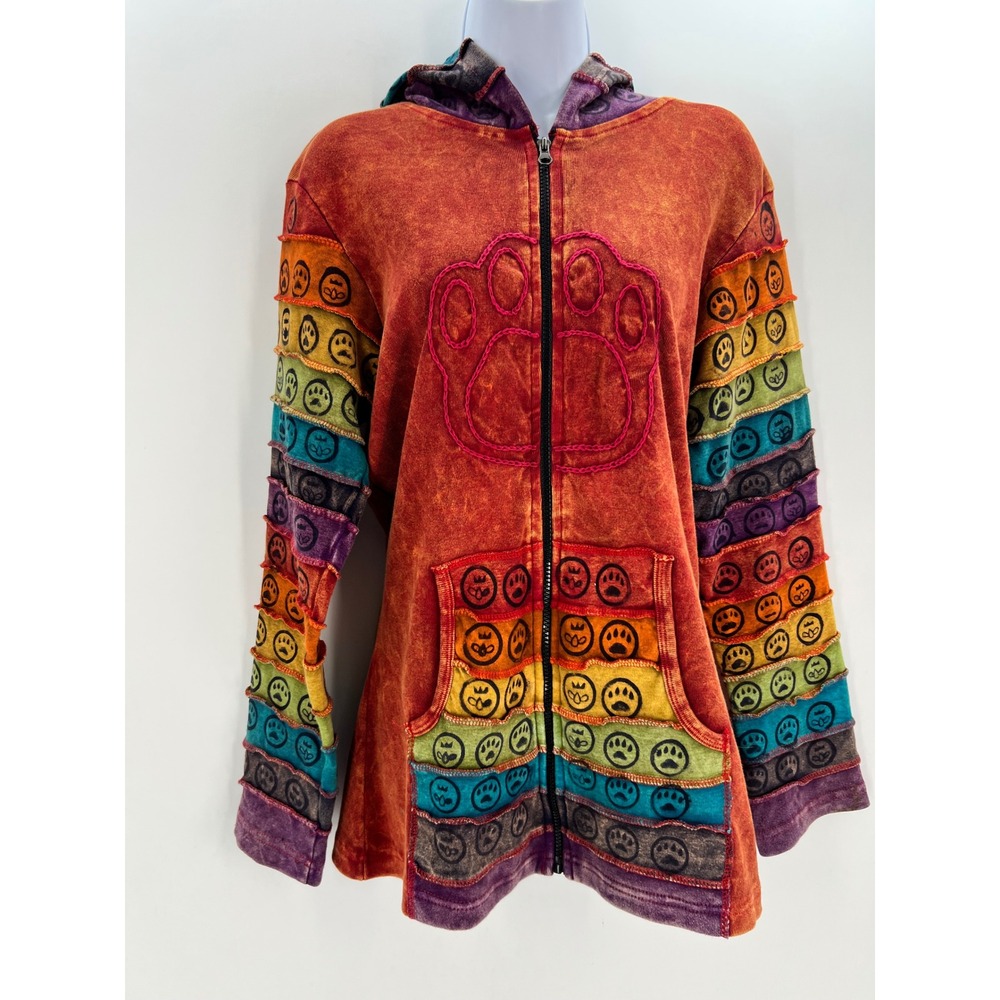 Greater Good Network Womens L/XL Orange Acid Wash Rainbow Paw Print Zip Hoodie